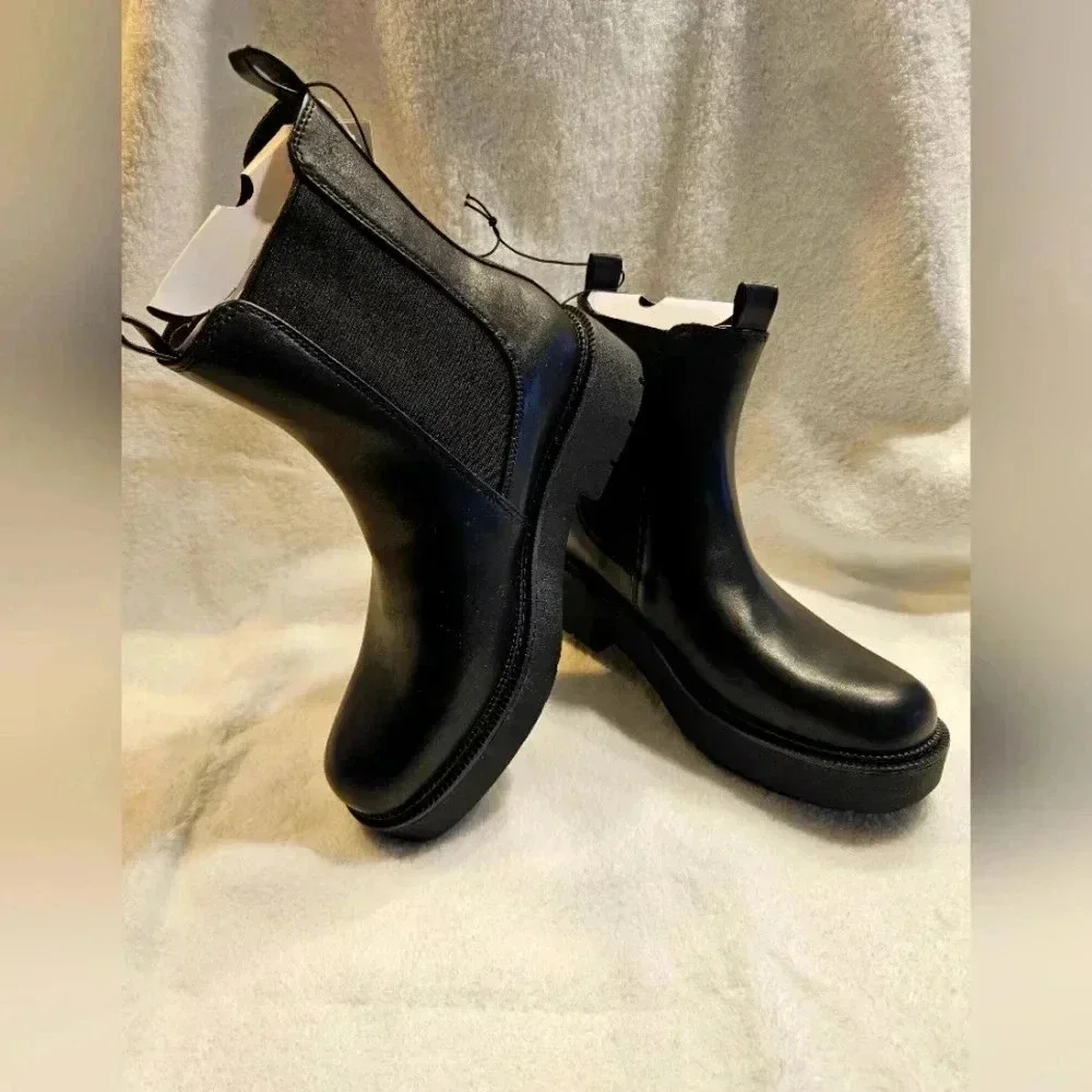 A New Day All Black Slip on leather Mid rise boots - Picture 1 of 9